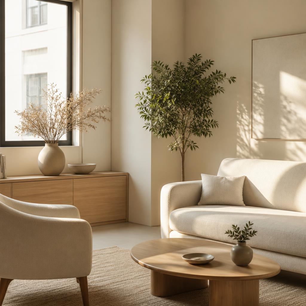 A calm, modern psychotherapy room with soft natural light, a comfortable sofa, chairs, and potted plants
